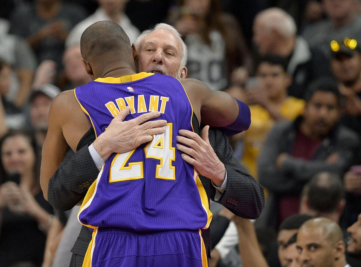 Kobe Bryant hugs San Antonio Coach Gregg Popovich before the Lakers played the Spurs on Feb. 6.