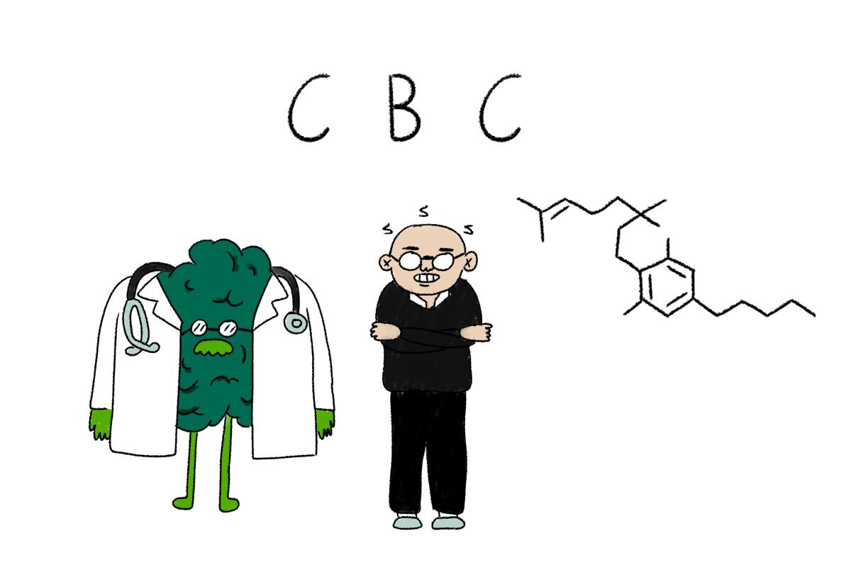 A cartoon cannabis bud wearing a lab coat.