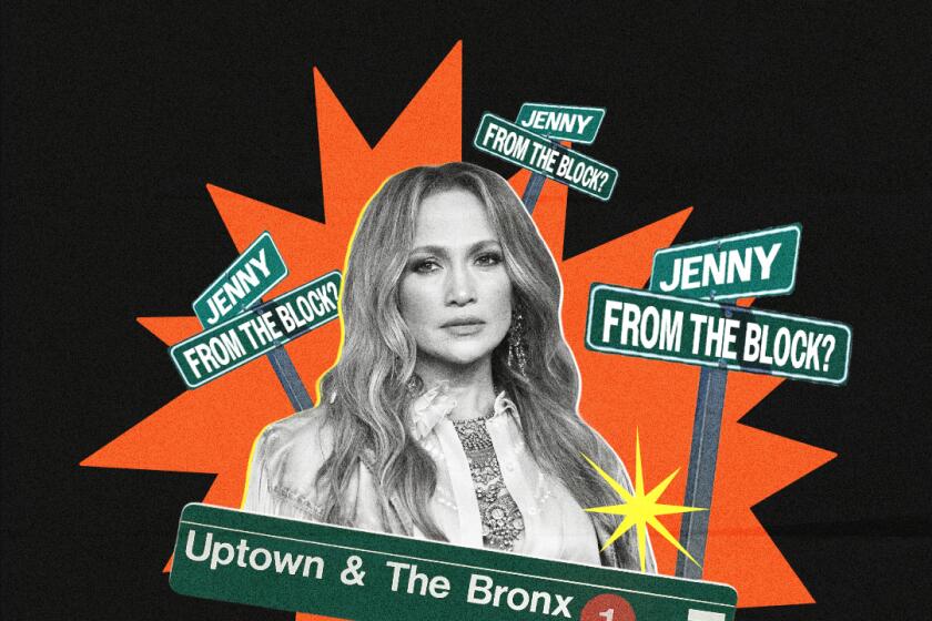 Jennifer Lopez and street signs; "Uptown & The Bronx"