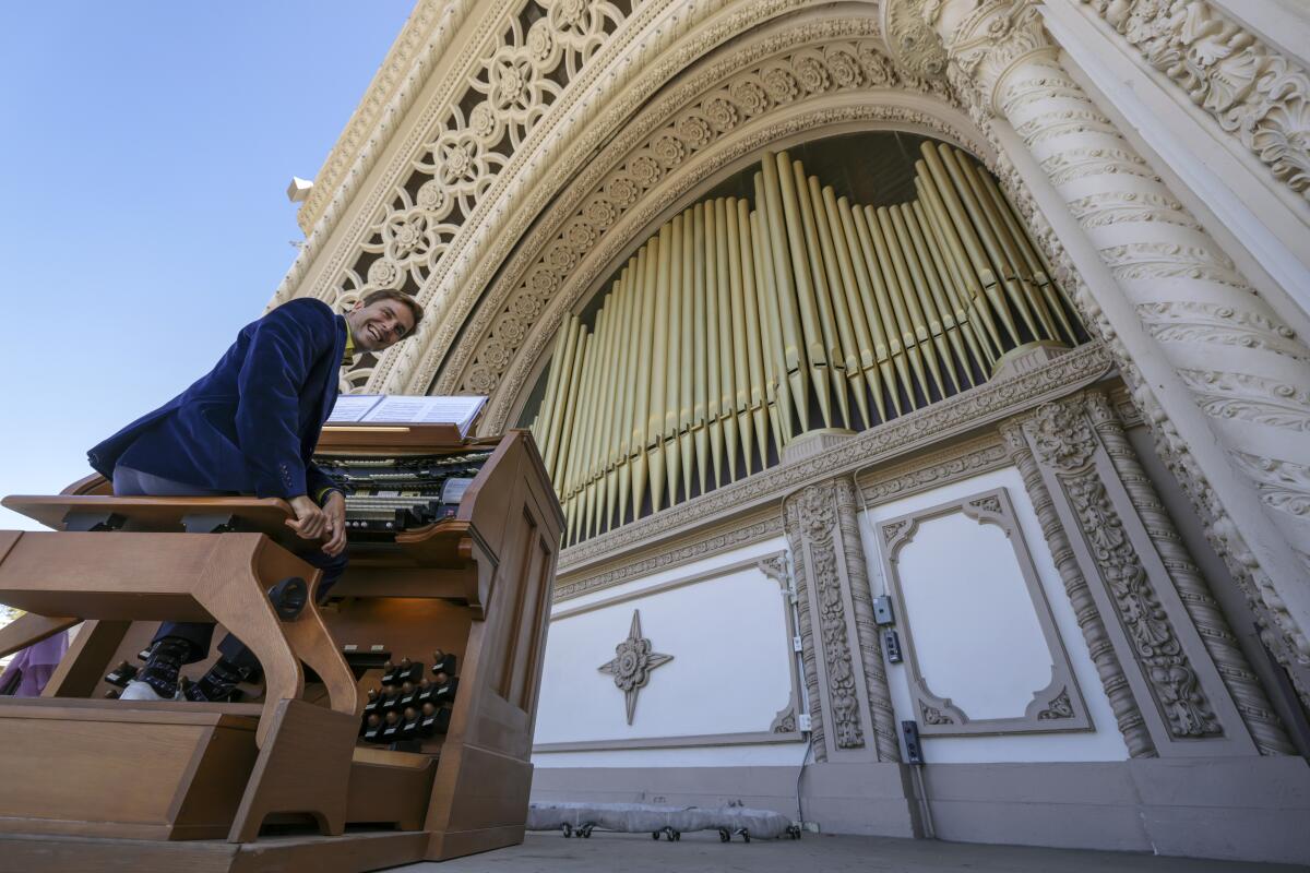 Raul Prieto, San Diego civic organist, before a free performance at the Spreckels Organ Pavilion in Balboa Park in May 2022.