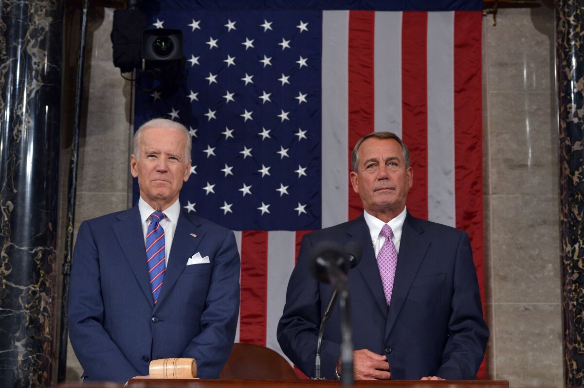 Vice President Joe Biden and Speaker of the House John Boehner attend the State of The Union address in January. Biden won't be on hand to attend a speech by Israeli Prime Minister Benjamin Netanyahu next month.