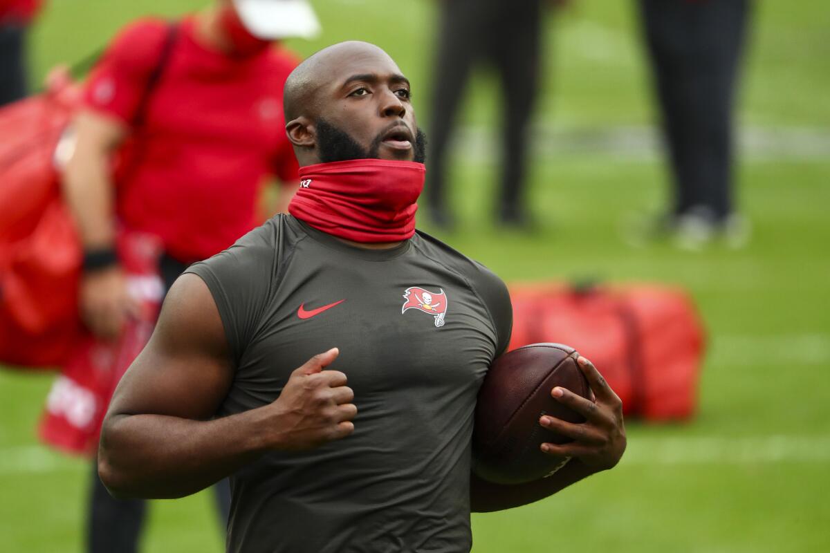 Tampa Bay Buccaneers running back Leonard Fournette warms up before a game against the Atlanta Falcons on Jan. 3.