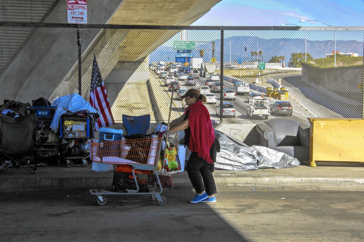A homeless woman walks the 42nd Street bridge over the 110 Freeway in Los Angeles. The city and county have the nation's largest population of chronically homeless people, a federal study has found.