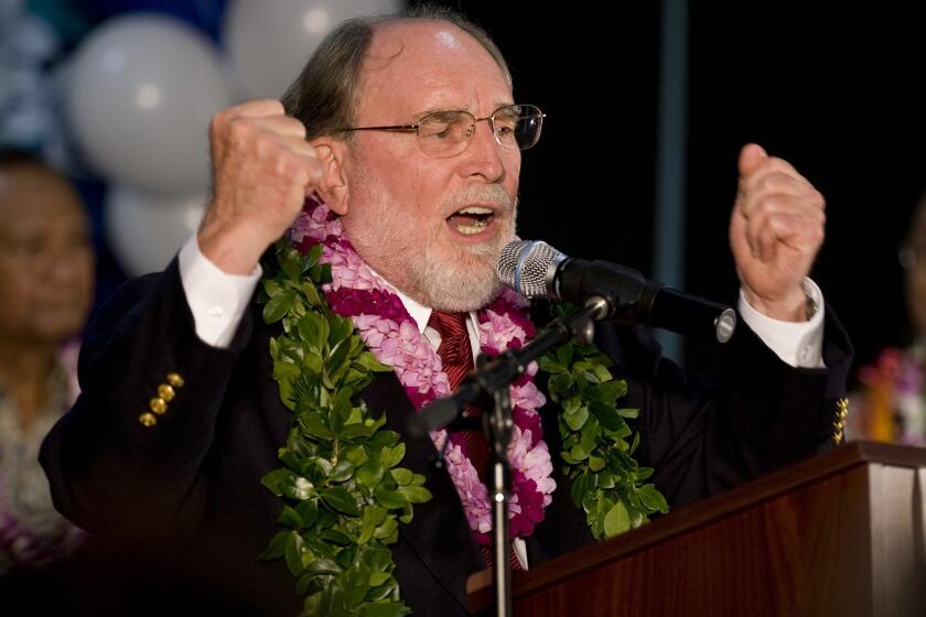 Hawaii Gov. Neil Abercrombie, shown addressing his supporters on election night 2010, disputes the oft-told story that he spurned the death-bed wishes of the late U.S. Sen. Daniel Inouye by appointing his lieutenant governor as Inouye's replacement.