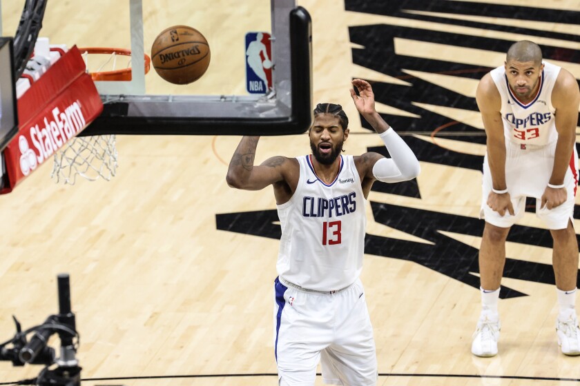 Clippers forward Paul George reacts after missing a free throw in the final seconds of Game 2.