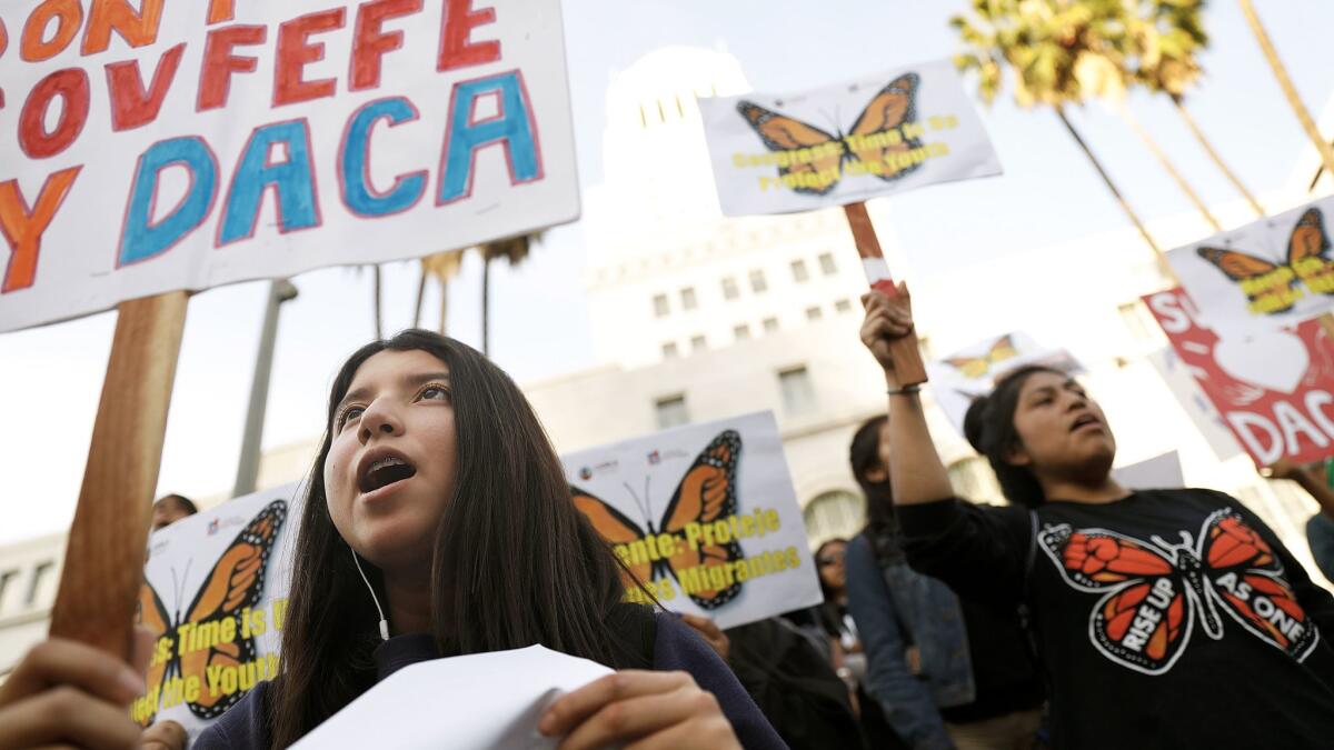 Francheska Escobar, 15, attends a rally organized by members of the California Dream Network and the Coalition for Humane Immigrant Rights Los Angeles calling for action on the future of the DACA program outside City Hall in downtown Los Angeles on Monday, March 5, 2018.