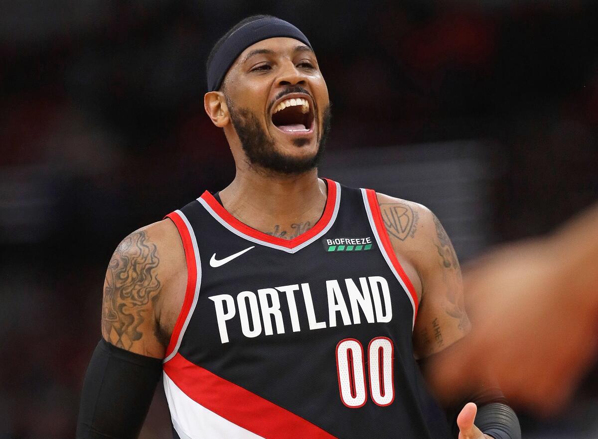 Portland Trail Blazers' Carmelo Anthony Assists Knicks Rookie