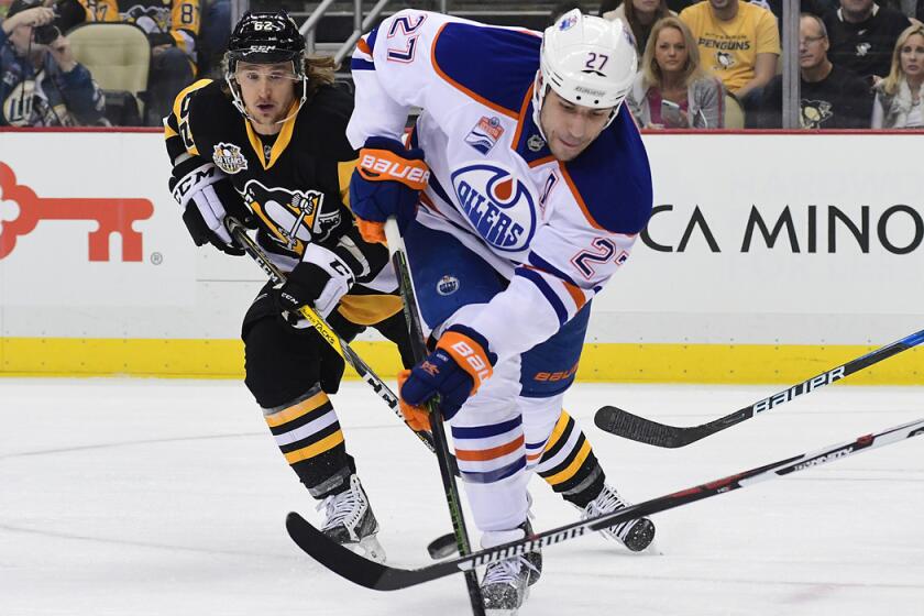 Edmonton's Milan Lucic (27), skating against Pittsburgh on Nov. 8, is looking forward to facing the Kings and former teammates.