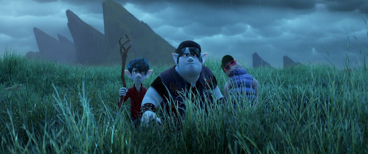 From left, elf brothers Ian and Barley Lightfoot with their half-reanimated dad in "Onward."