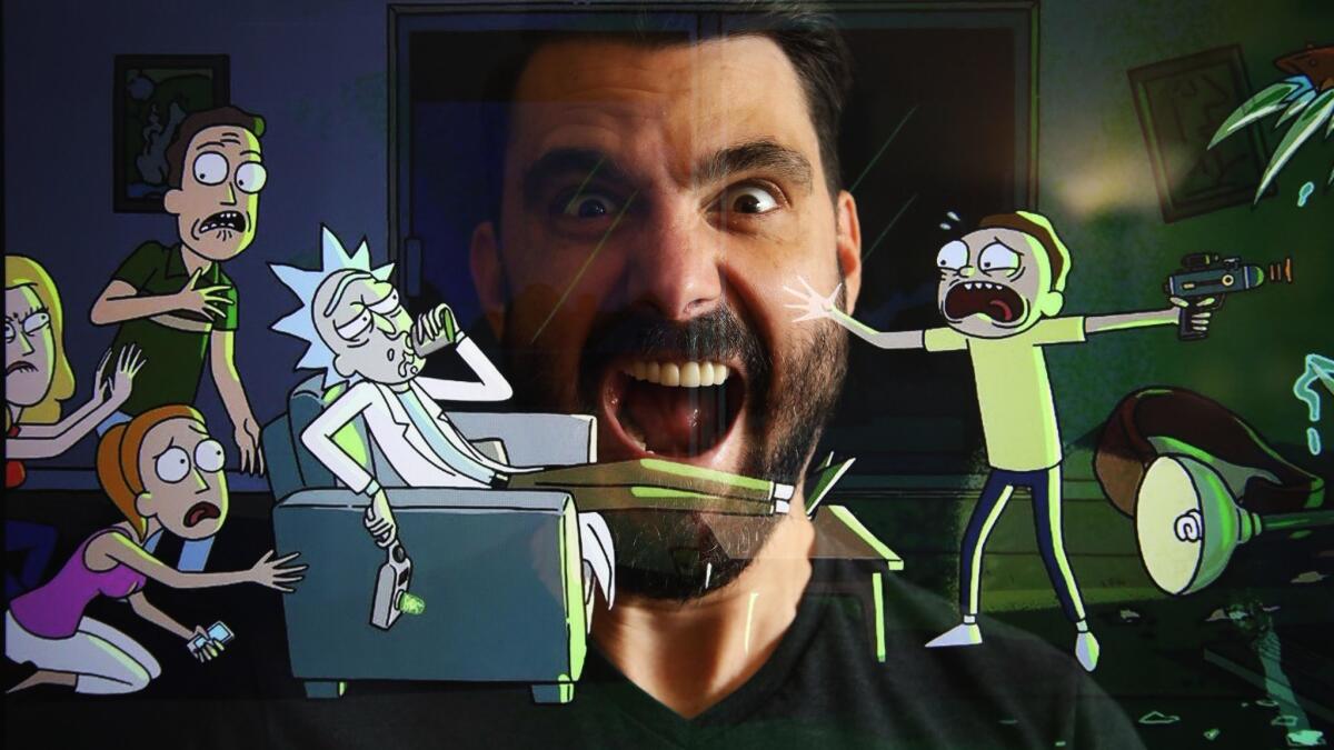 TV and film composer Ryan Elder joins the characters from "Rick and Morty" in this double-exposure portrait taken at his studio.