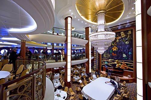 The three-tiered Opus Dining Room on the new Oasis of the Seas can accommodate more than 3,000 diners. Also on board are more than 20 other places to grab a bite or an elegant meal, including a wine bar, steakhouse, ice cream shop, pizzeria, bakery, sushi bar, Italian trattoria and '50s-style diner.