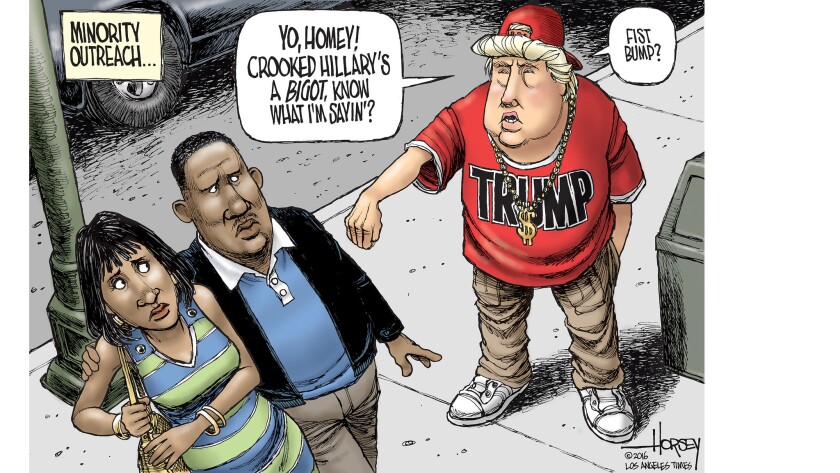 Donald Trump awkwardly courts black voters with “bigot” charge against Hillary Clinton.