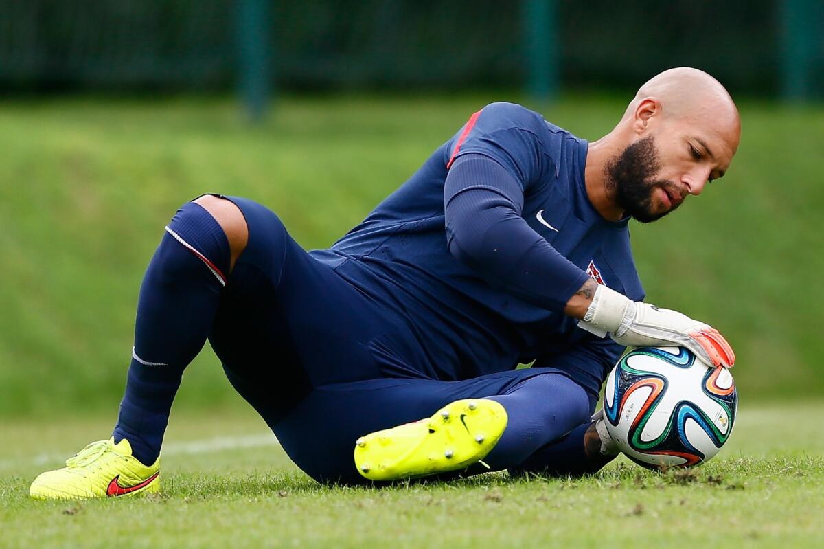 U.S. goalkeeper Tim Howard works out during a training session at Sao Paulo FC on Friday. The U.S. plays Portugal on Sunday in a Group G match.