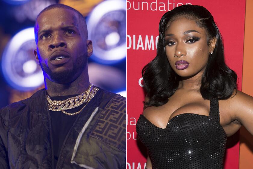 Tory Lanez performs at HOT 97 Summer Jam 2019 in East Rutherford, N.J. on June 2, 2019, left, and Megan Thee Stallion attends the 5th annual Diamond Ball benefit gala in New York on Sept. 12, 2019. Megan Thee Stallion penned an op-ed on the failure to protect Black women on the morning that rapper Lanez had his first court hearing for felony charges that he shot her. She writes in the New York Times Tuesday that she was shocked to become a victim of violence from a man on July 12. She said she at first kept quiet about being shot because she feared backlash, and that fear has been justified. Lanez, appearing by phone at his court hearing, did not enter a plea to two felony counts, and his lawyer declined comment. (Photos by Scott Roth, left, Charles Sykes/Invision/AP)