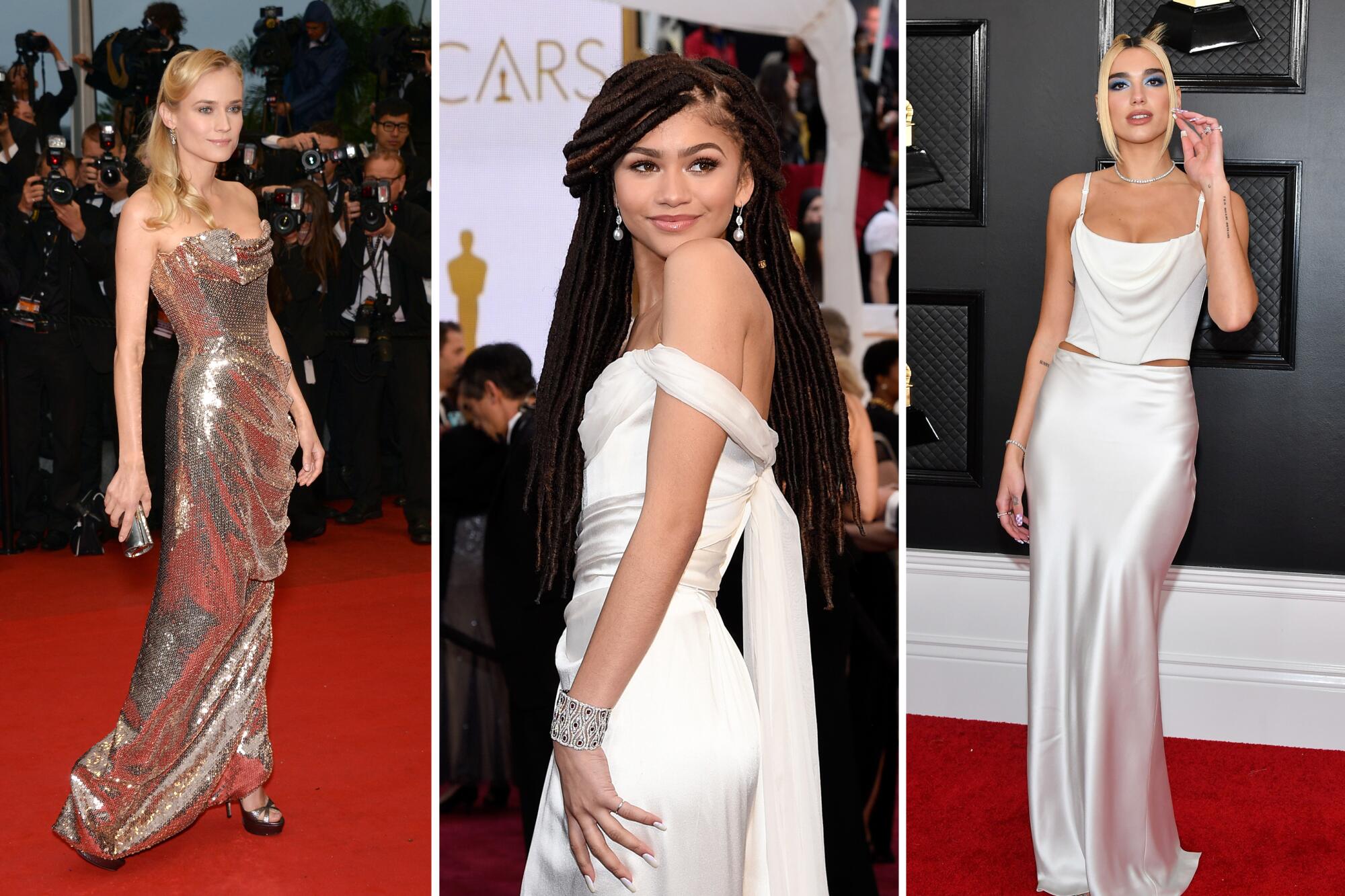 Three women show off their evening gowns on the red carpet.