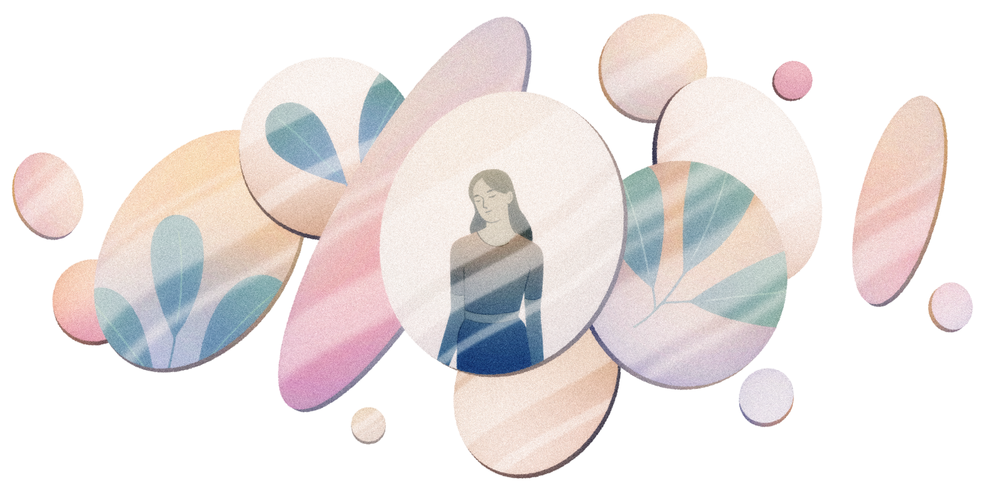 An illustration of a woman in a circle among colorful circles, some with leaves