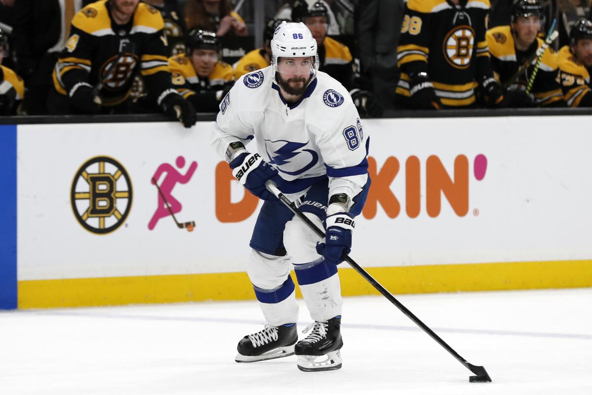 The Tampa Bay Lightning's Nikita Kucherov is pictured March 7, 2020, in Boston.
