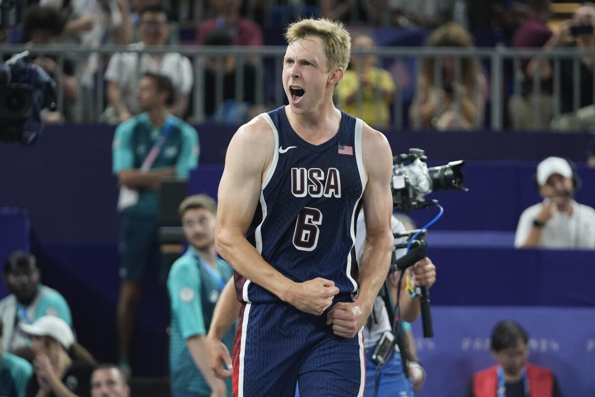 American Canyon Barry celebrates after winning a men's 3x3 basketball pool round match against China at the Olympics. 