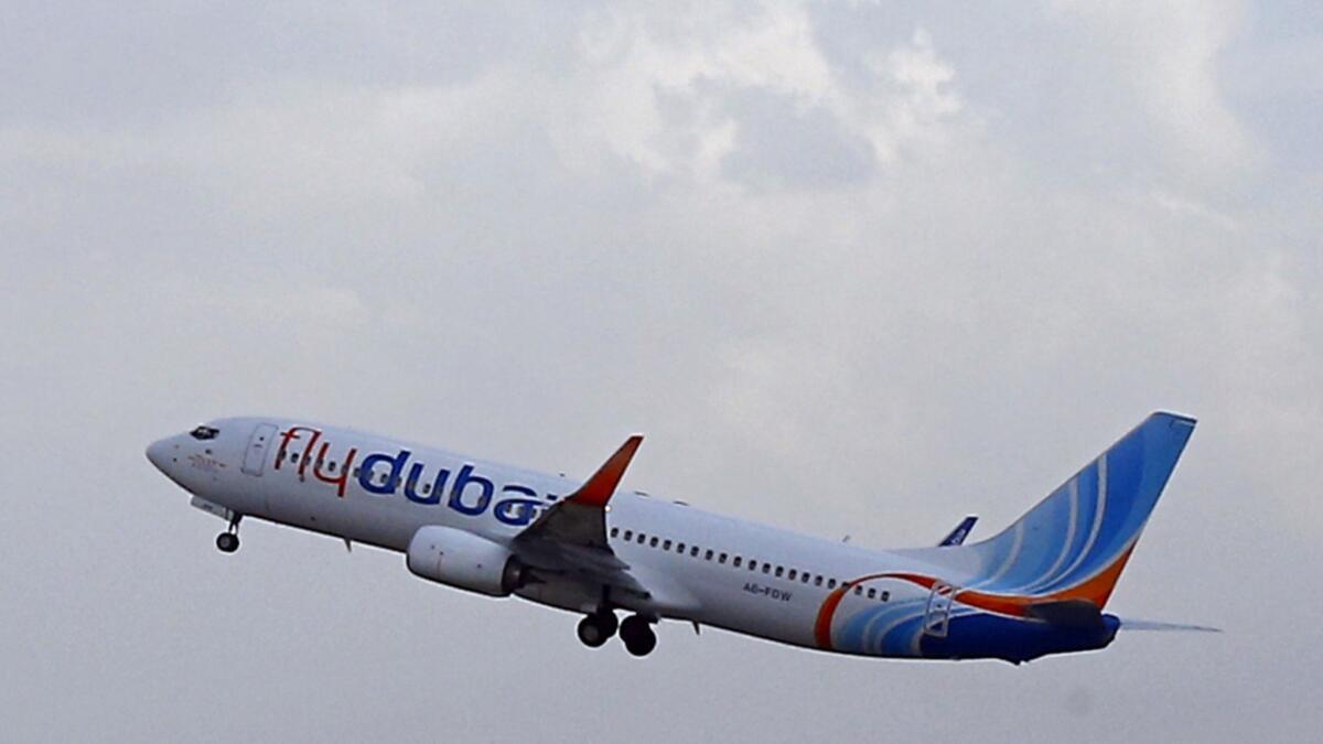 A FlyDubai Boeing 737-800 takes off from Kabul International Airport in Afghanistan.