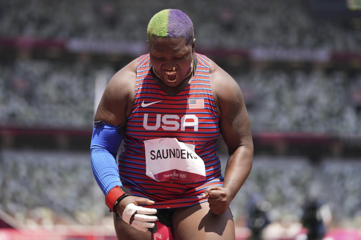 Raven Saunders reacts after a throw in the women's shot put final at the Tokyo Olympics.