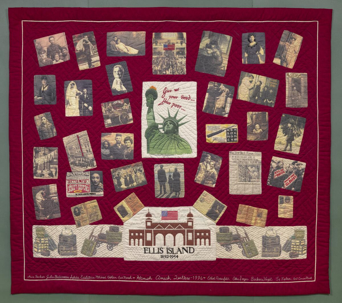 A maroon quilt with many old photos on it 