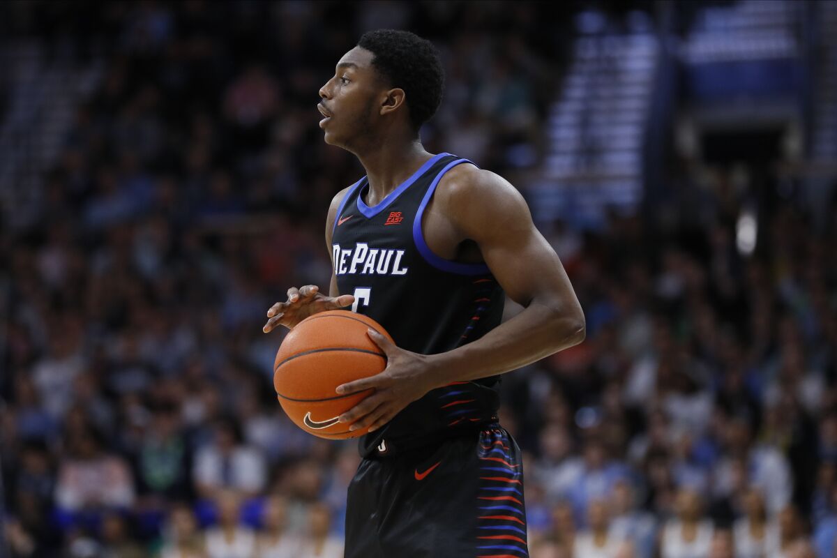 FILE - In this Jan. 14, 2020, file photo, DePaul's Jalen Coleman-Lands holds the ball during the team's NCAA college basketball game against Villanova in Villanova, Pa. Coleman-Lands is yet to play a game for Iowa State, and he already is looked at as a kind of sage by coach Steve Prohm and the rest of the Cyclones. The graduate transfer has 110 career games under his belt from time spent at Illinois and DePaul. He's a scorer with a knack for shooting the 3-pointer, and he's a strong defender on the perimeter. (AP Photo/Matt Slocum, File)