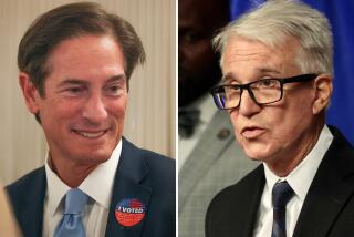 LEFT: DA Candidate Nathan Hochman talks to supporters during primary night at Luxe Hotel on Tuesday, March 5, 2024 in Los Angeles, CA. (Michael Blackshire / Los Angeles Times) RIGHT: Los Angeles District Attorney George Gascon announced Monday, August 19, 2024 .(Al Seib / For The Times)