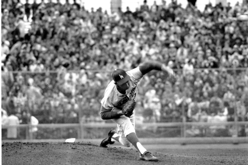 Sandy Koufax, Los Angeles Dodgers southpaw pitcher, is seen in action.