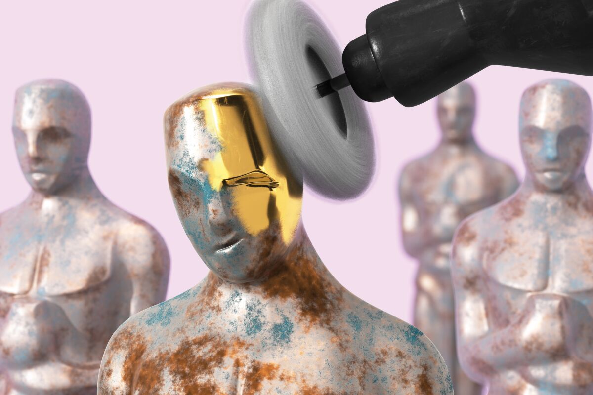 Illustration of a tarnished Oscar statuette being buffed and waxed
