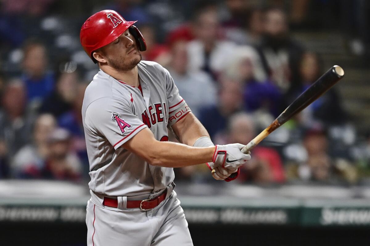 Angels' Mike Trout reacts after flying out during the eighth inning of the team's game against the Cleveland Guardians.