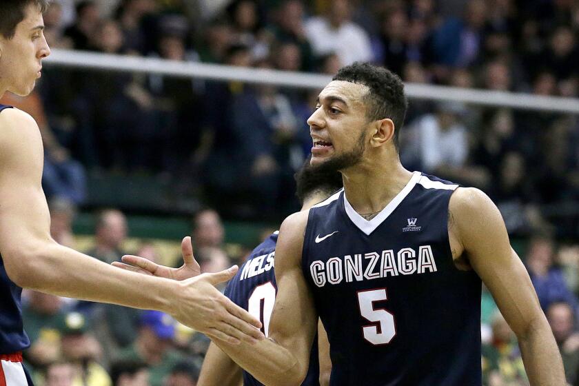 Gonzaga guard Nigel Williams-Goss (5) celebrates with forward Zach Collins after scoring two of his career-high 36 points against San Francisco earlier this season.