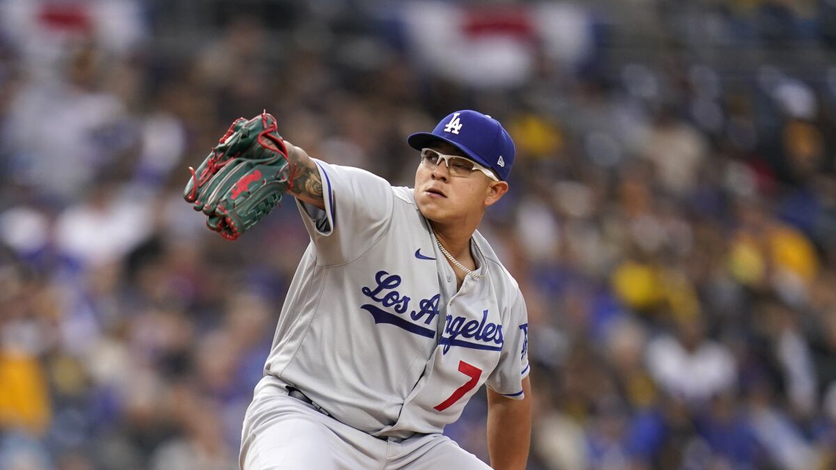 Dodgers starting pitcher Julio Urías works against a Padres batter April 22 in San Diego.