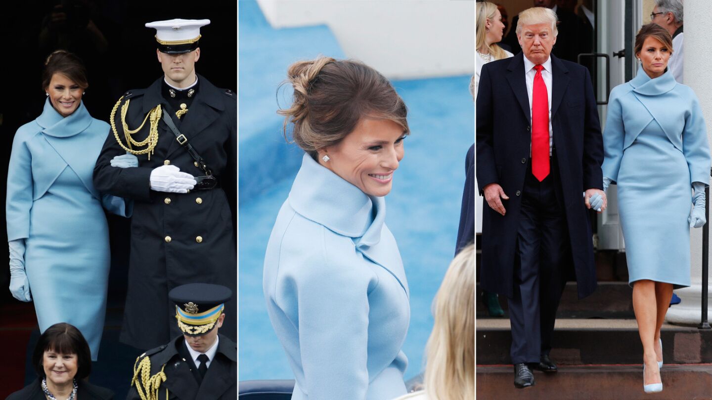 For Inauguration Day, Melania Trump chose a sky blue double-faced cashmere jacket and double-faced cashmere mock turtleneck dress, both from the Ralph Lauren Collection.