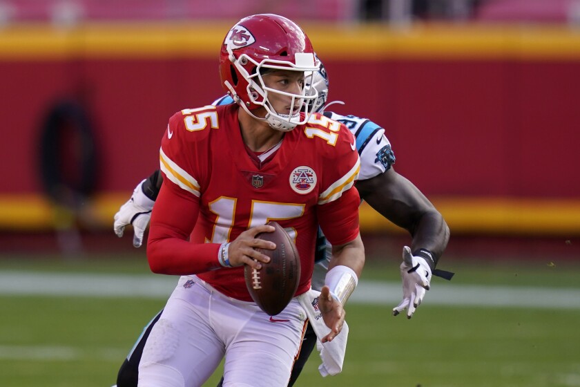 Kansas City Chiefs quarterback Patrick Mahomes looks to pass against the Carolina Panthers on Sunday.