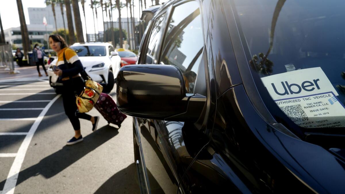 An Uber vehicle at Union Station in Los Angeles.