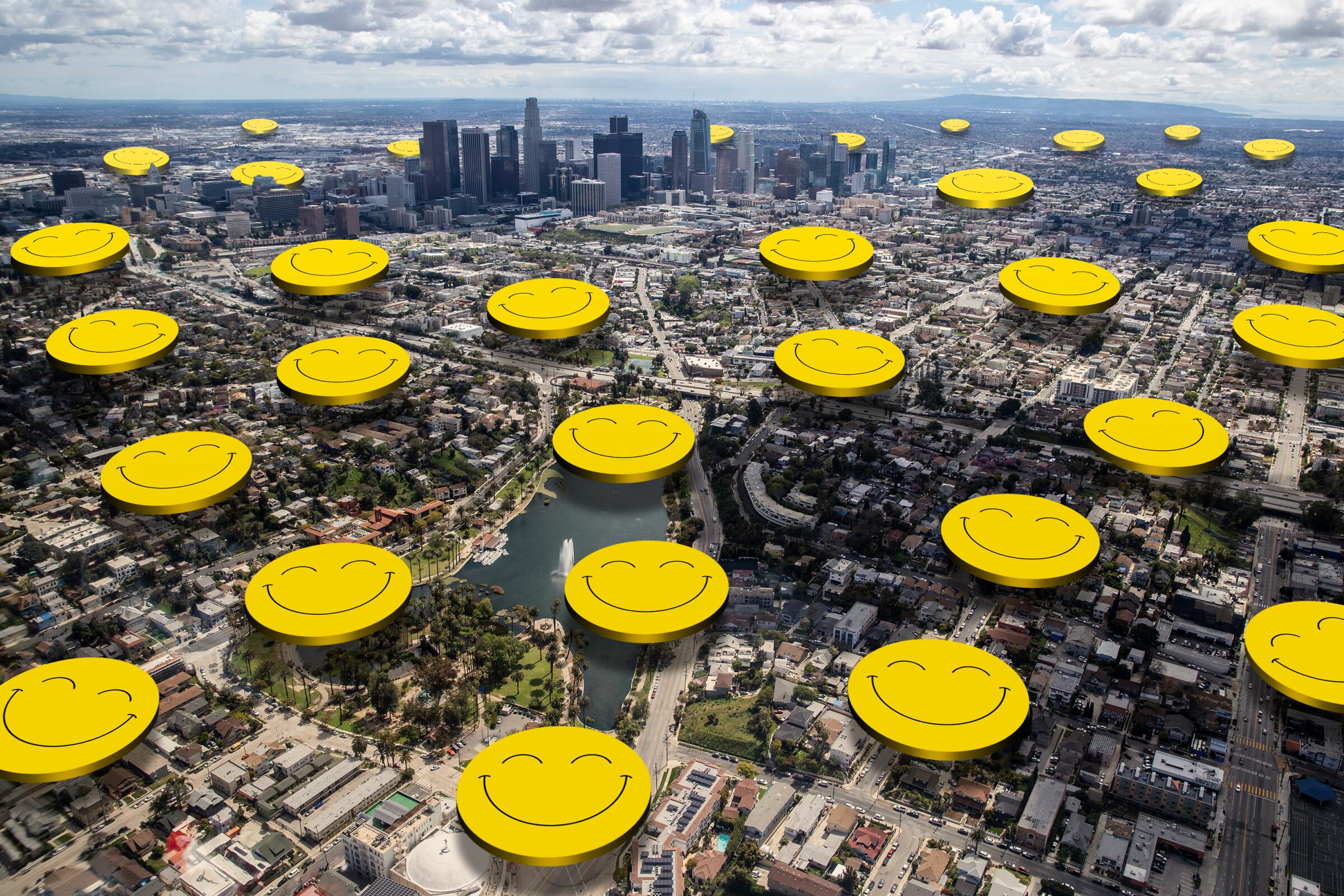 photo illustration of many yellow smiley faces hovering over an aerial photo of Los Angeles 