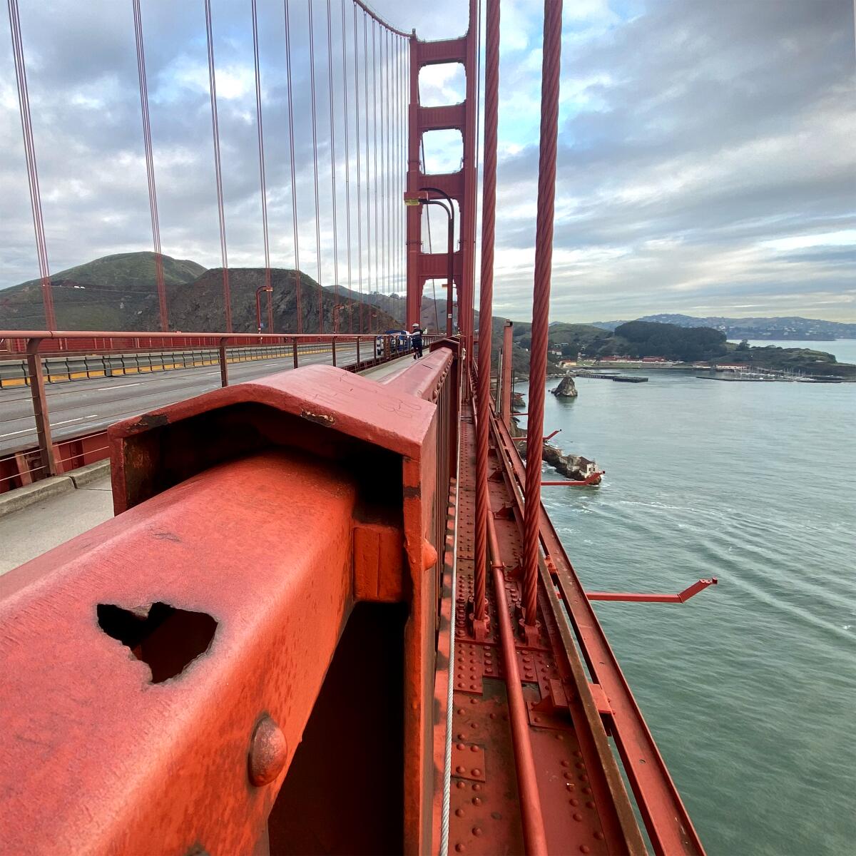 A heart-shaped rust spot on the Golden Gate Bridge.