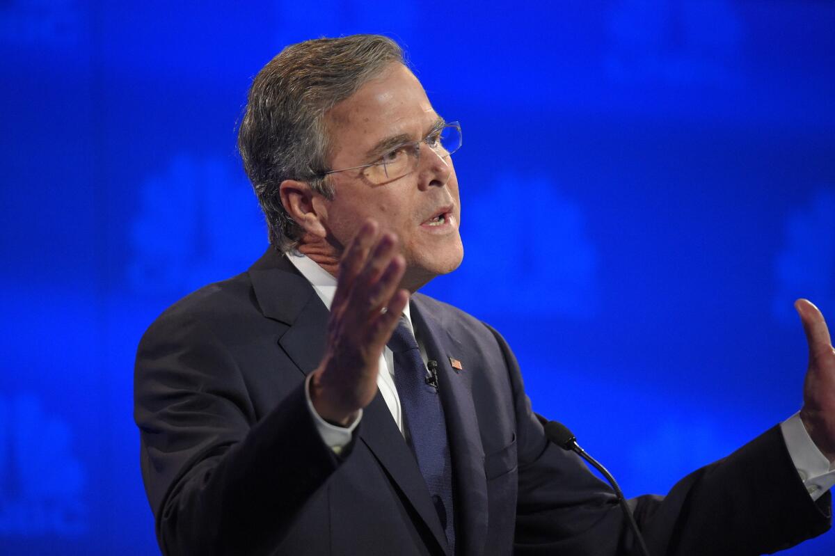 Jeb Bush speaks during the CNBC Republican presidential debate at the University of Colorado, Wednesday, Oct. 28, 2015, in Boulder, Colo. (AP Photo/Mark J. Terrill)