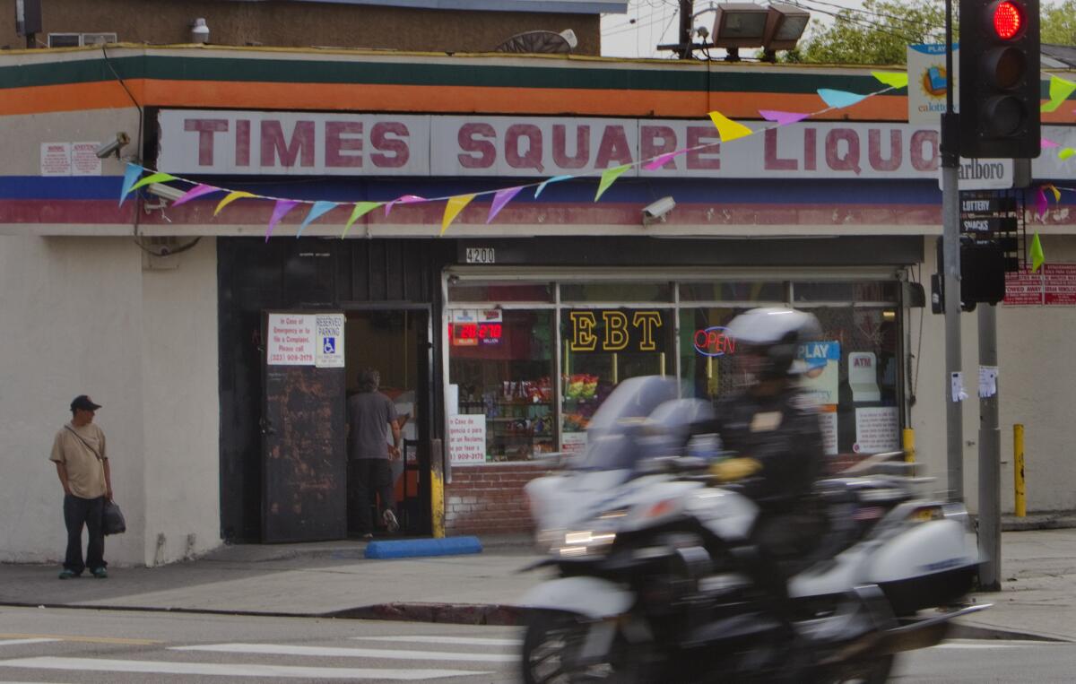 Times Square Liquor in South L.A. is one of many liquor stores being targeted by the Los Angeles Police Department for illegal activity, including selling liquor to minors. Its liquor license has been revoked.