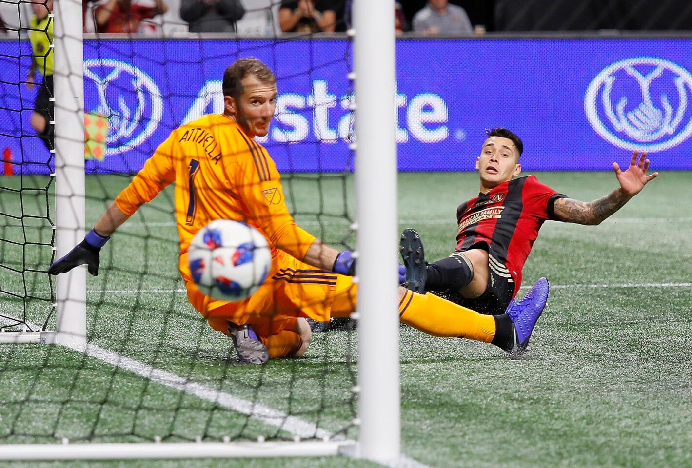 ATLANTA, GA - DECEMBER 08: Franco Escobar #2 of Atlanta United scores the second goal past goalkeeper Jeff Attinella #1 of Portland Timbers in the second half during the 2018 MLS Cup between Atlanta United and the Portland Timbers at Mercedes-Benz Stadium on December 8, 2018 in Atlanta, Georgia. (Photo by Kevin C. Cox/Getty Images) ** OUTS - ELSENT, FPG, CM - OUTS * NM, PH, VA if sourced by CT, LA or MoD **