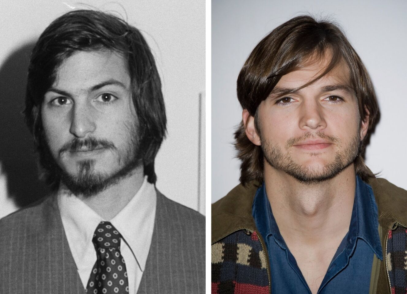Steve Jobs, left, co-founder of Apple Computer Inc., is pictured in April 1977 at the first West Coast Computer Faire, where the Apple II computer debuted. Actor Ashton Kutcher, right, is seen in 2011.