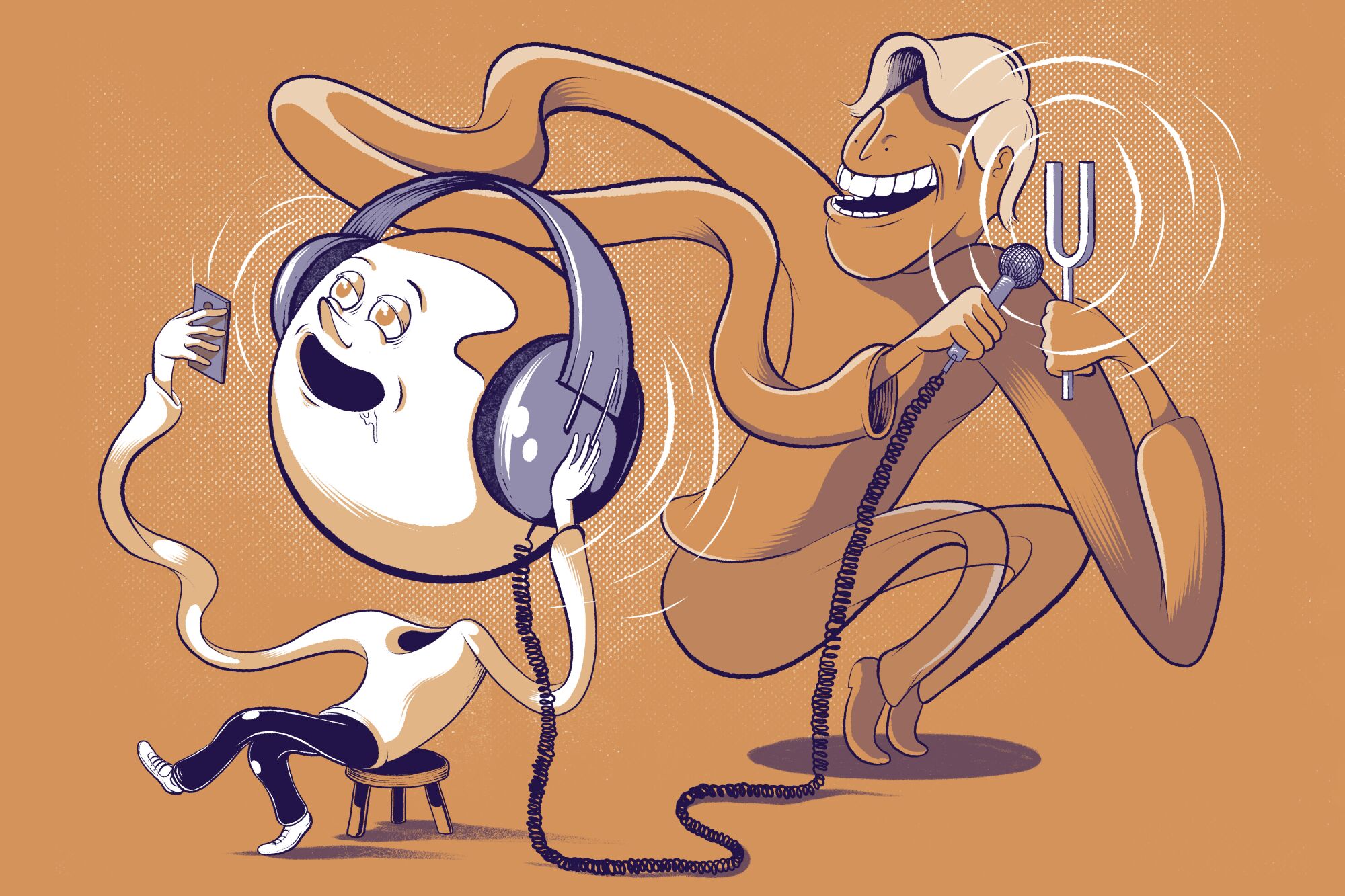 Illustration shows devlish figure playing a sound into a mic hooked up to headphones another animated figure is listening to