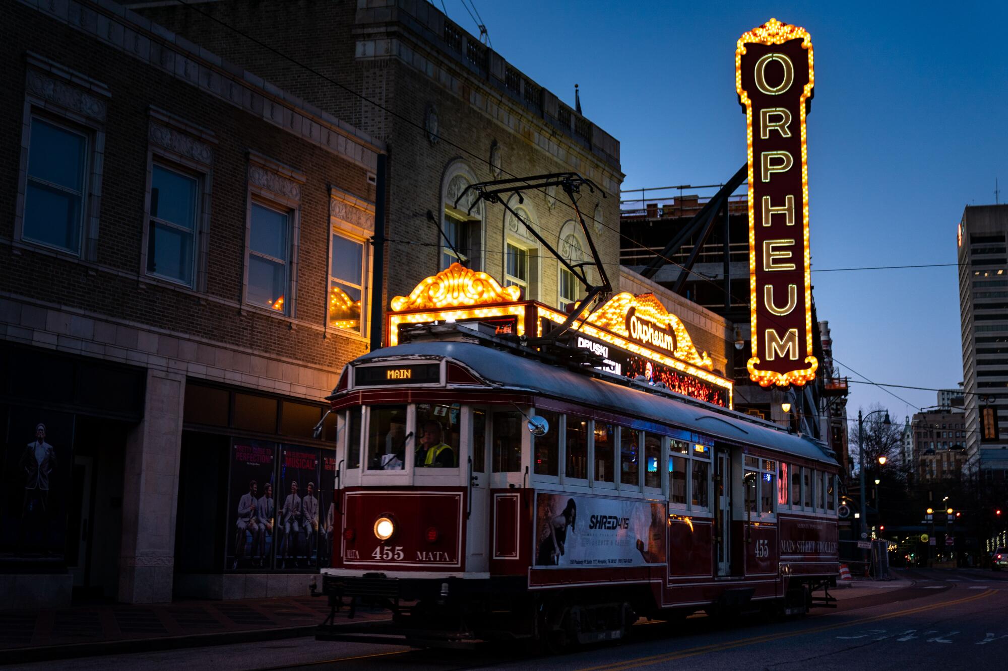 A streetcar passes in front of the Orpheum Theatre in Memphis.