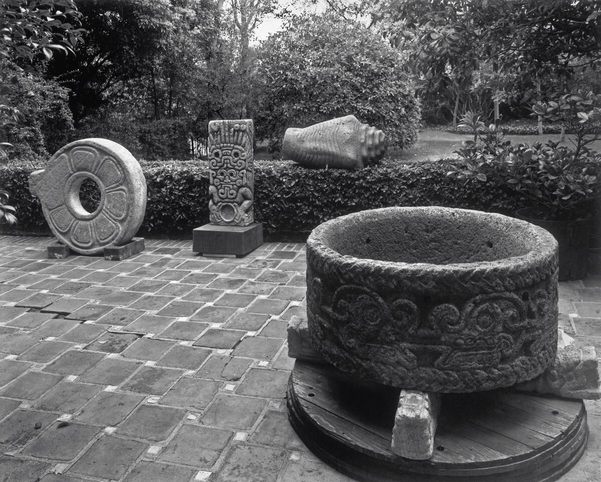 Monumental pre-Hispanic sculpture from Mexico was installed in the Arensbergs' front patio.