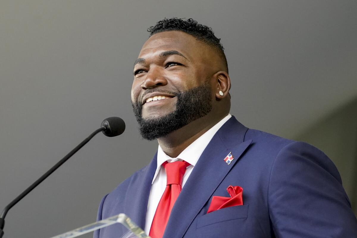 Boston Red Sox great David Ortiz speaks during the Baseball Hall of Fame induction ceremony.