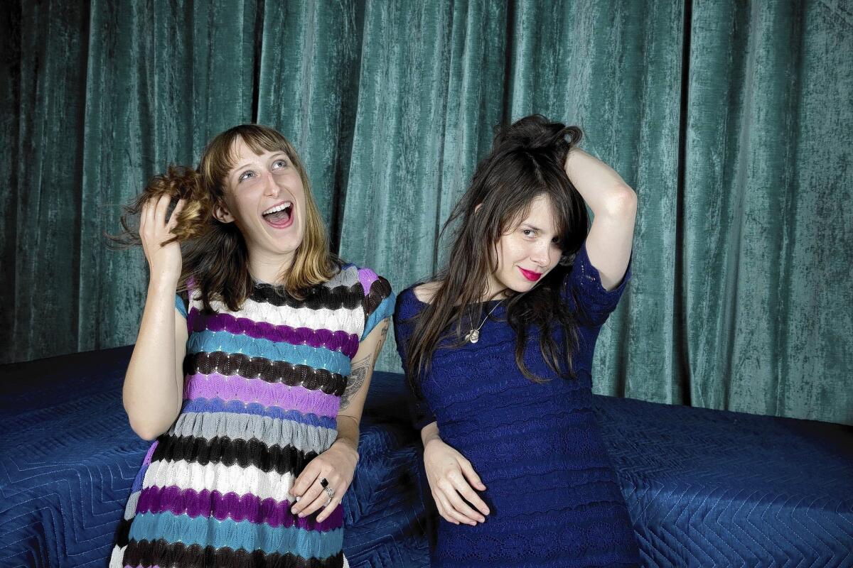 Lia Braswell, left, drummer, and Teresa Suarez, better known by her stage name Teri Gender-Bender, lead singer-guitarist with Le Butcherettes, at the Boat Recording Studio in Los Angeles.