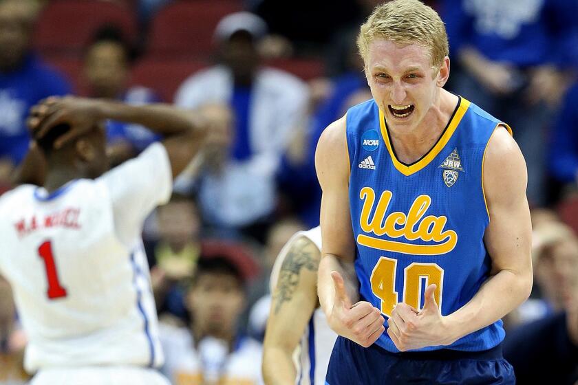UCLA center Thomas Welsh reacts to a favorable call for the Bruins late in the game in their victory over Southern Methodist.