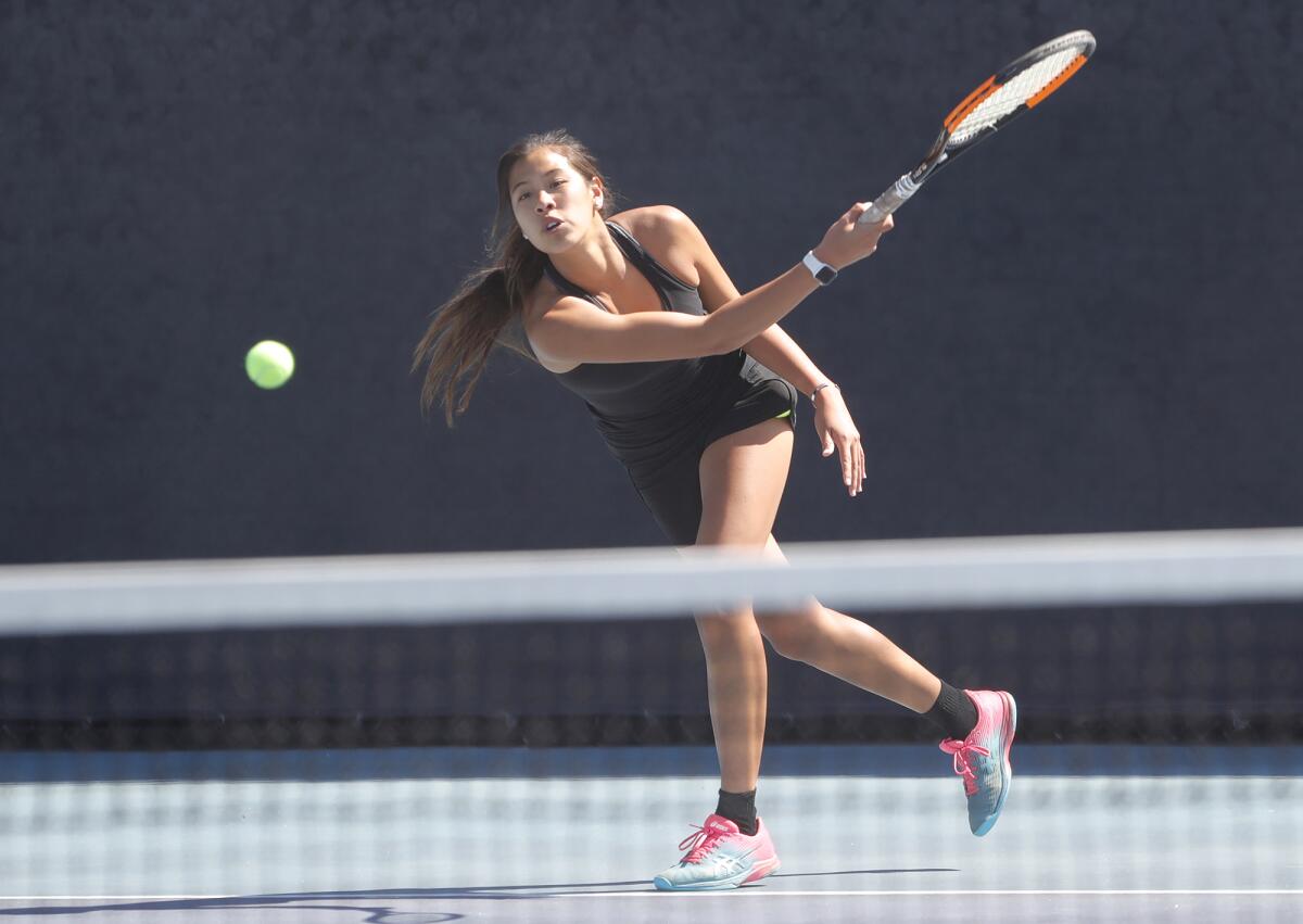 Cindy Huynh, shown playing tennis against Corona del Mar on April 27.