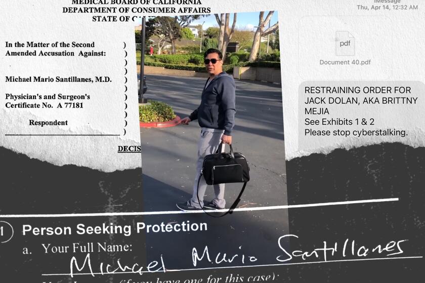 Photo illustration of court documents around a video frame of a man in scrubs holding a briefcase in a parking lot.