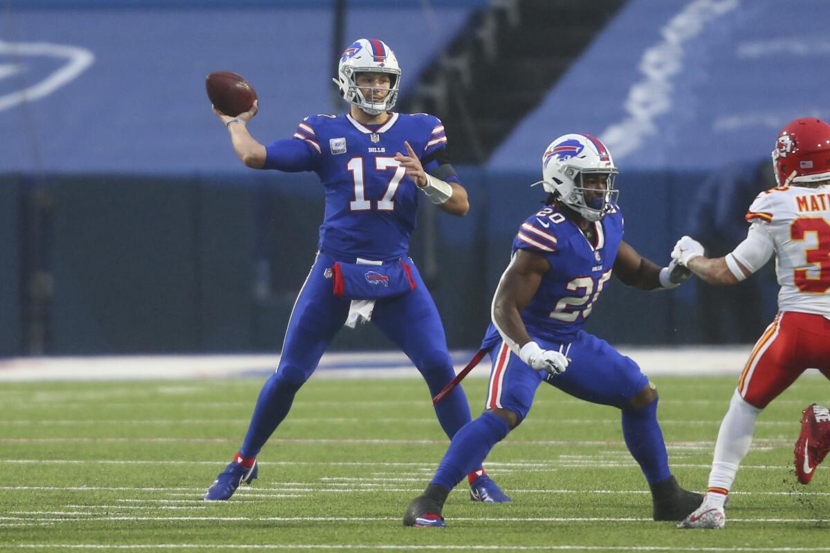 Buffalo Bills quarterback Josh Allen throws a pass against the Kansas City Chiefs in Orchard park, N.Y., on Monday.